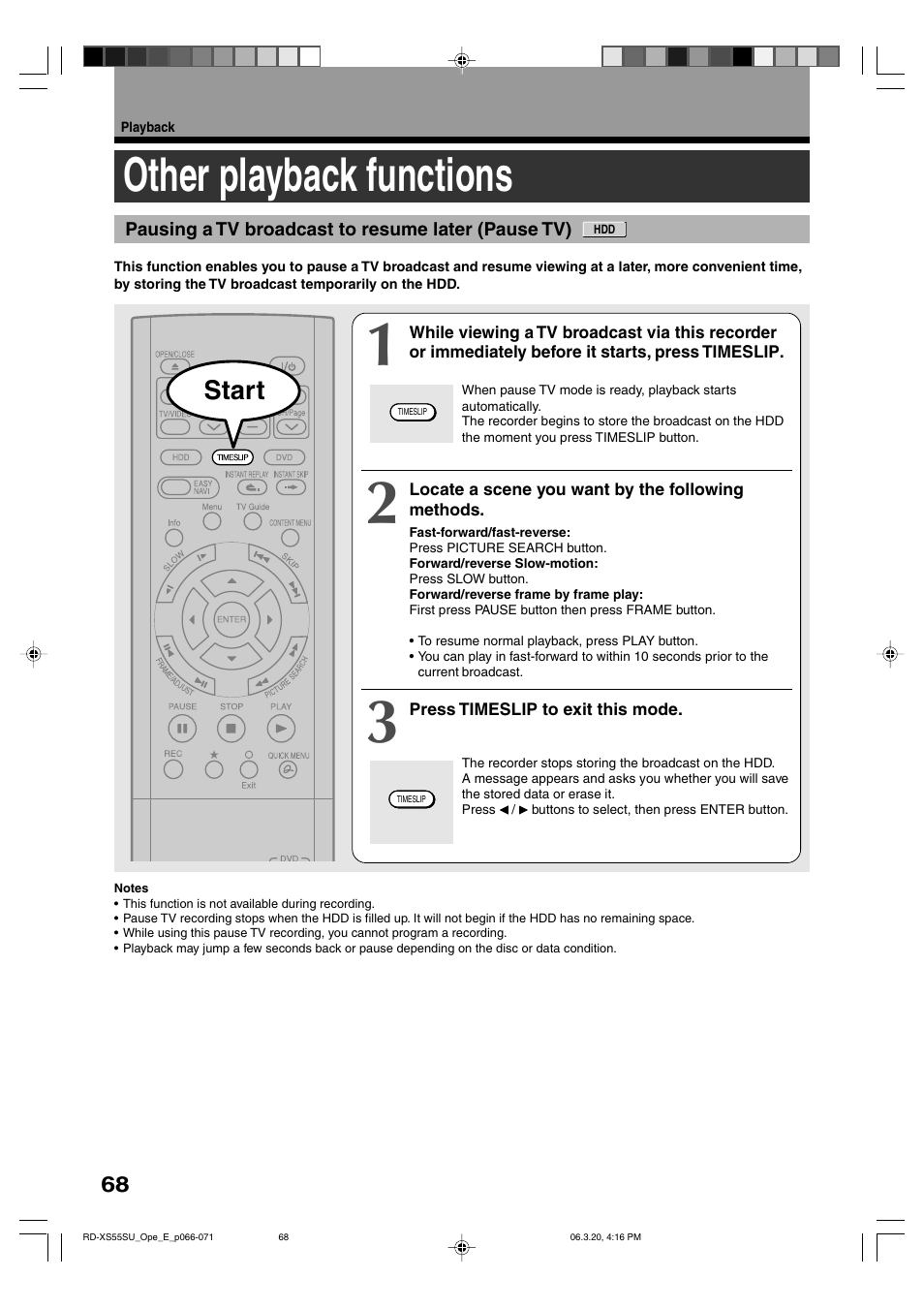 Other playback functions, Start | Toshiba RD-XS55KU User Manual | Page 68 / 199