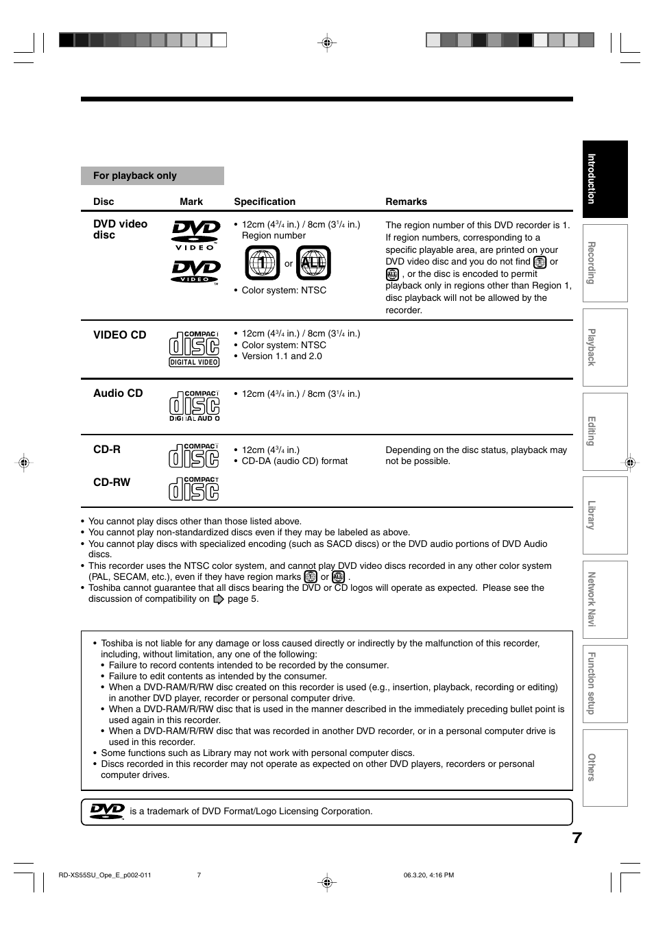 Dvd video disc, Cd-r cd-rw video cd, Audio cd | Toshiba RD-XS55KU User Manual | Page 7 / 199