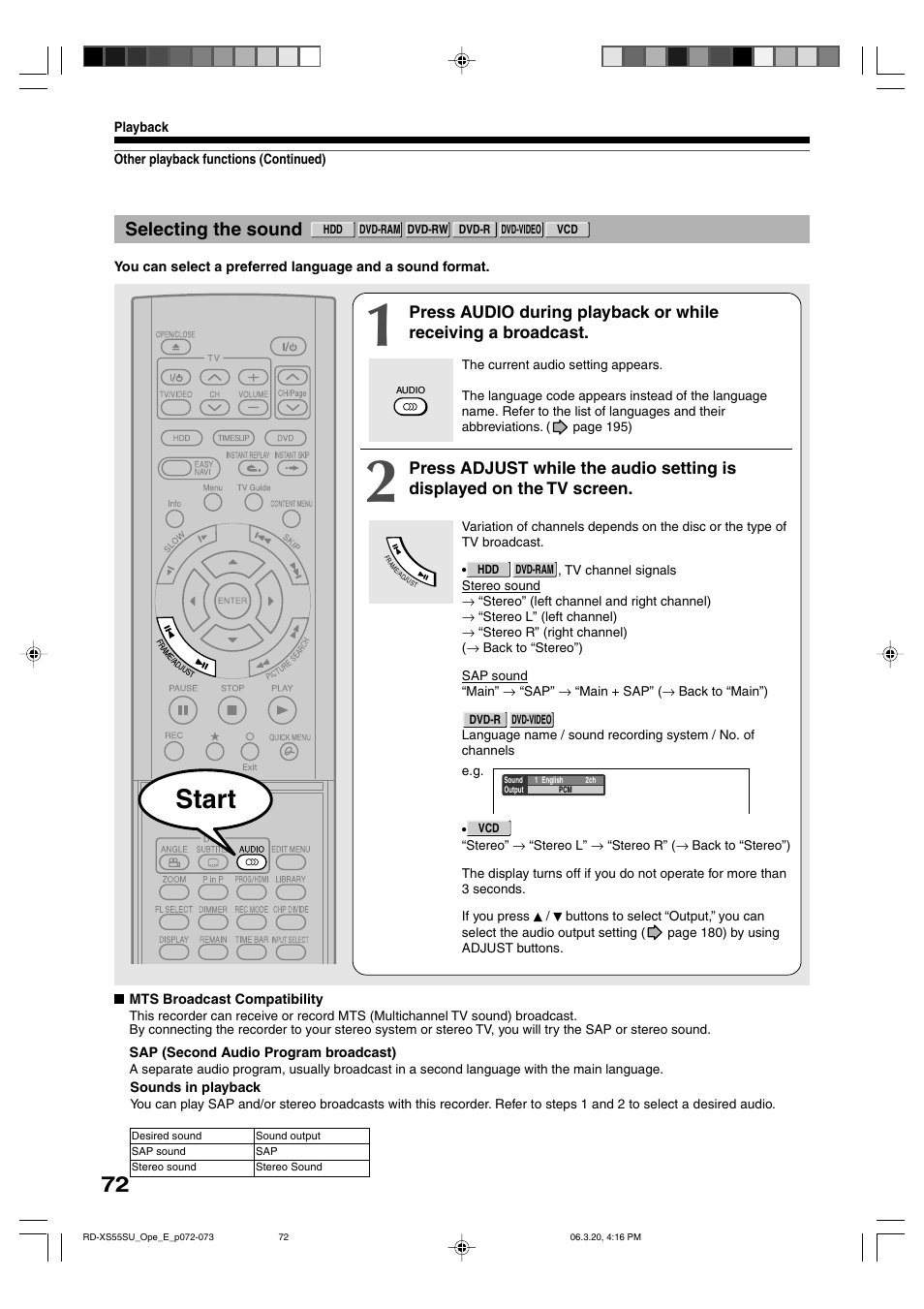 Start, Selecting the sound | Toshiba RD-XS55KU User Manual | Page 72 / 199
