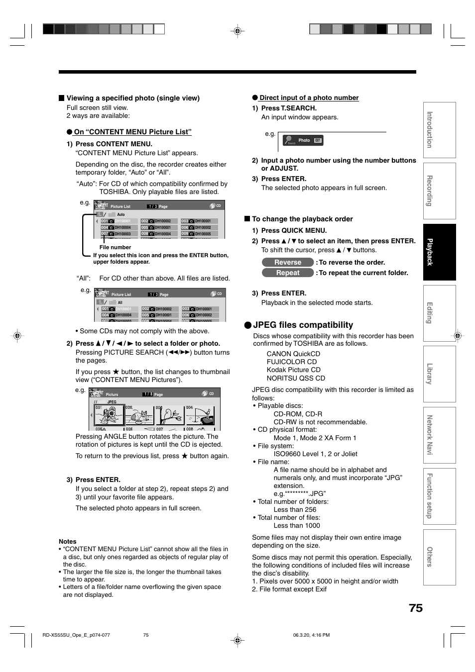 Jpeg files compatibility, On “content menu picture list, Reverse | Repeat | Toshiba RD-XS55KU User Manual | Page 75 / 199