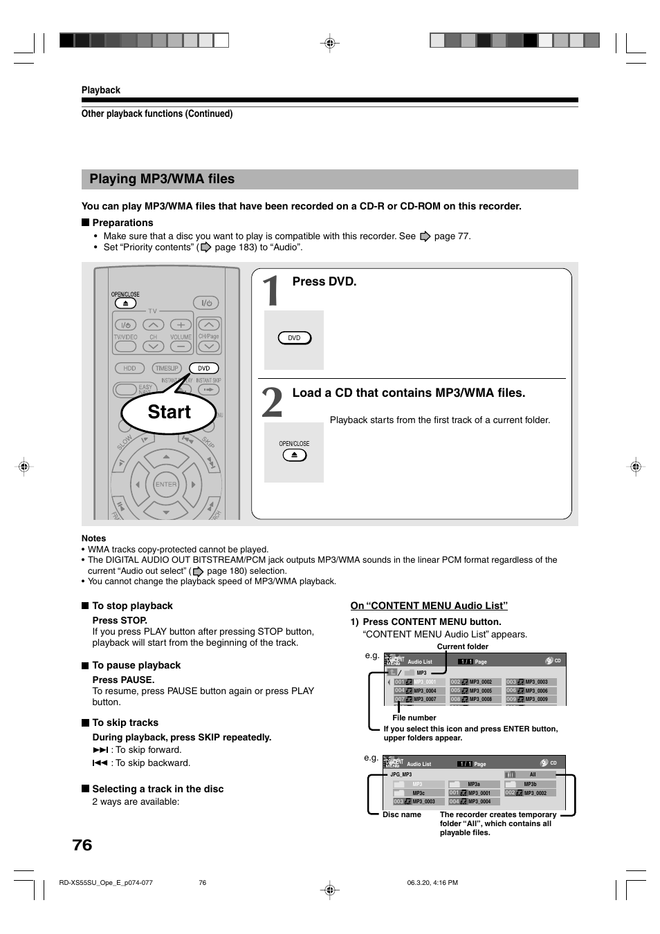 Start, Playing mp3/wma files, Press dvd | Load a cd that contains mp3/wma files | Toshiba RD-XS55KU User Manual | Page 76 / 199