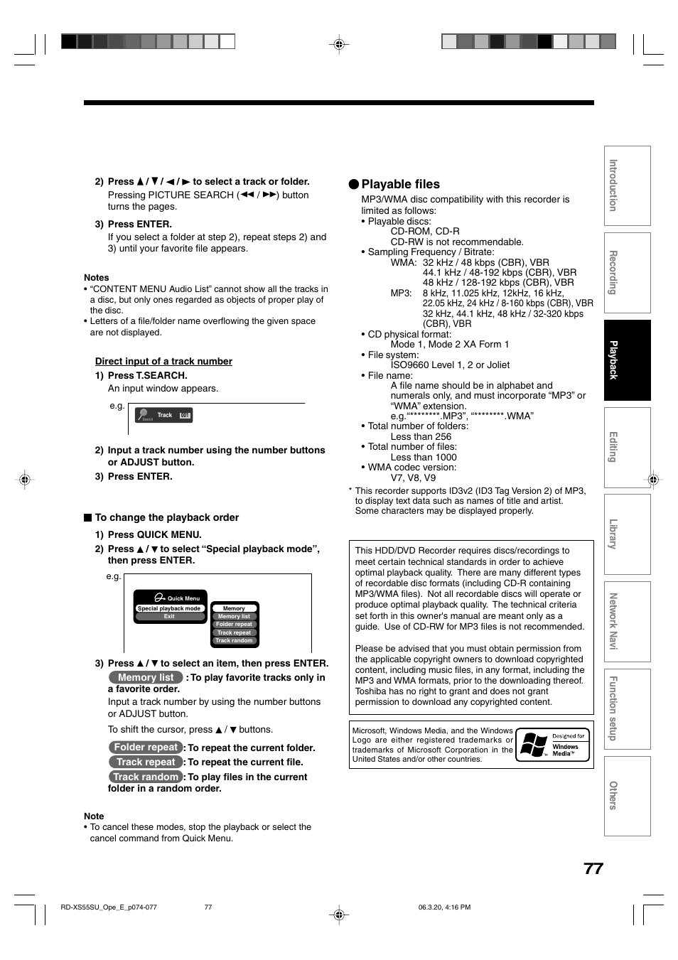 Playable files | Toshiba RD-XS55KU User Manual | Page 77 / 199