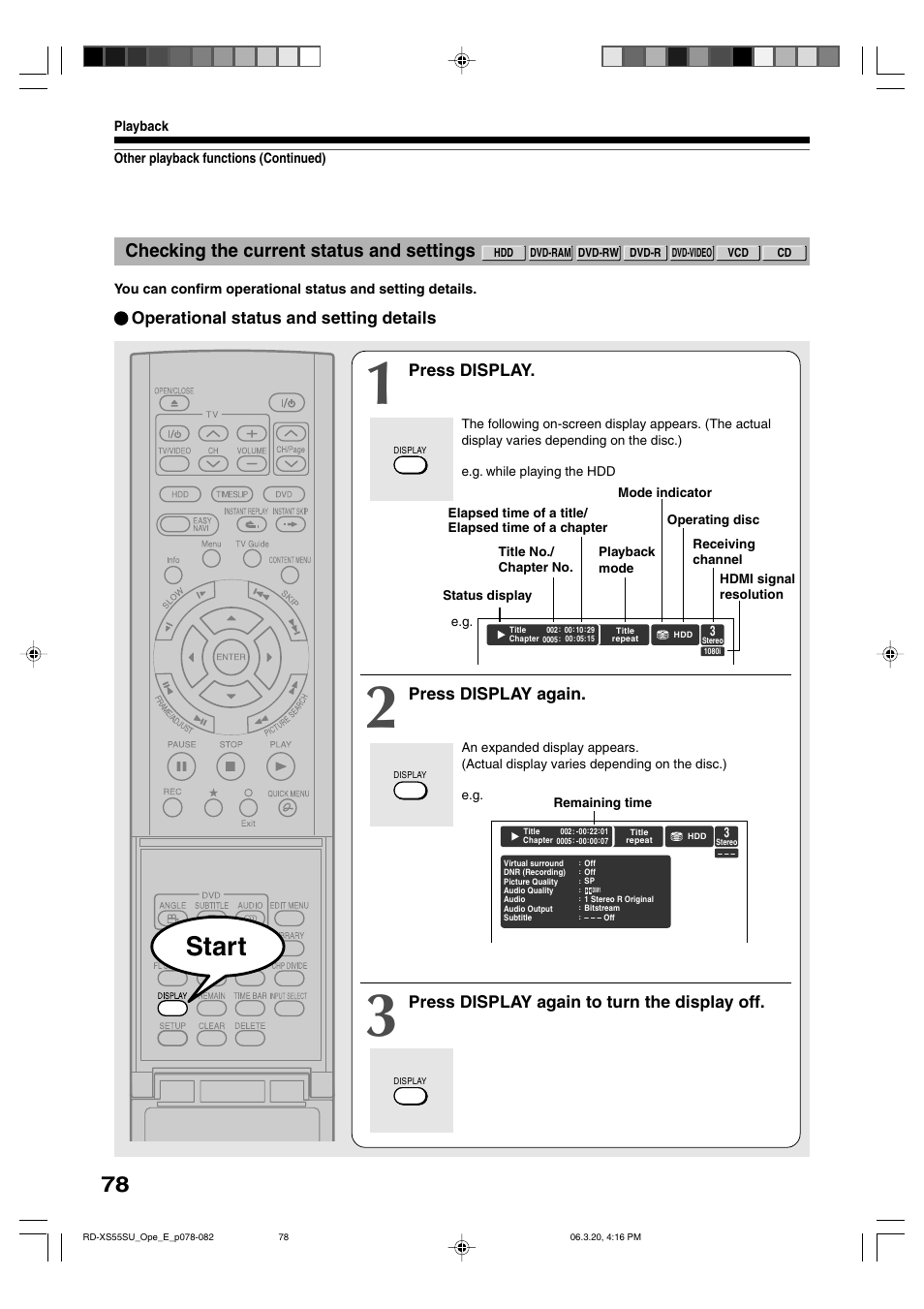 Start, Checking the current status and settings | Toshiba RD-XS55KU User Manual | Page 78 / 199