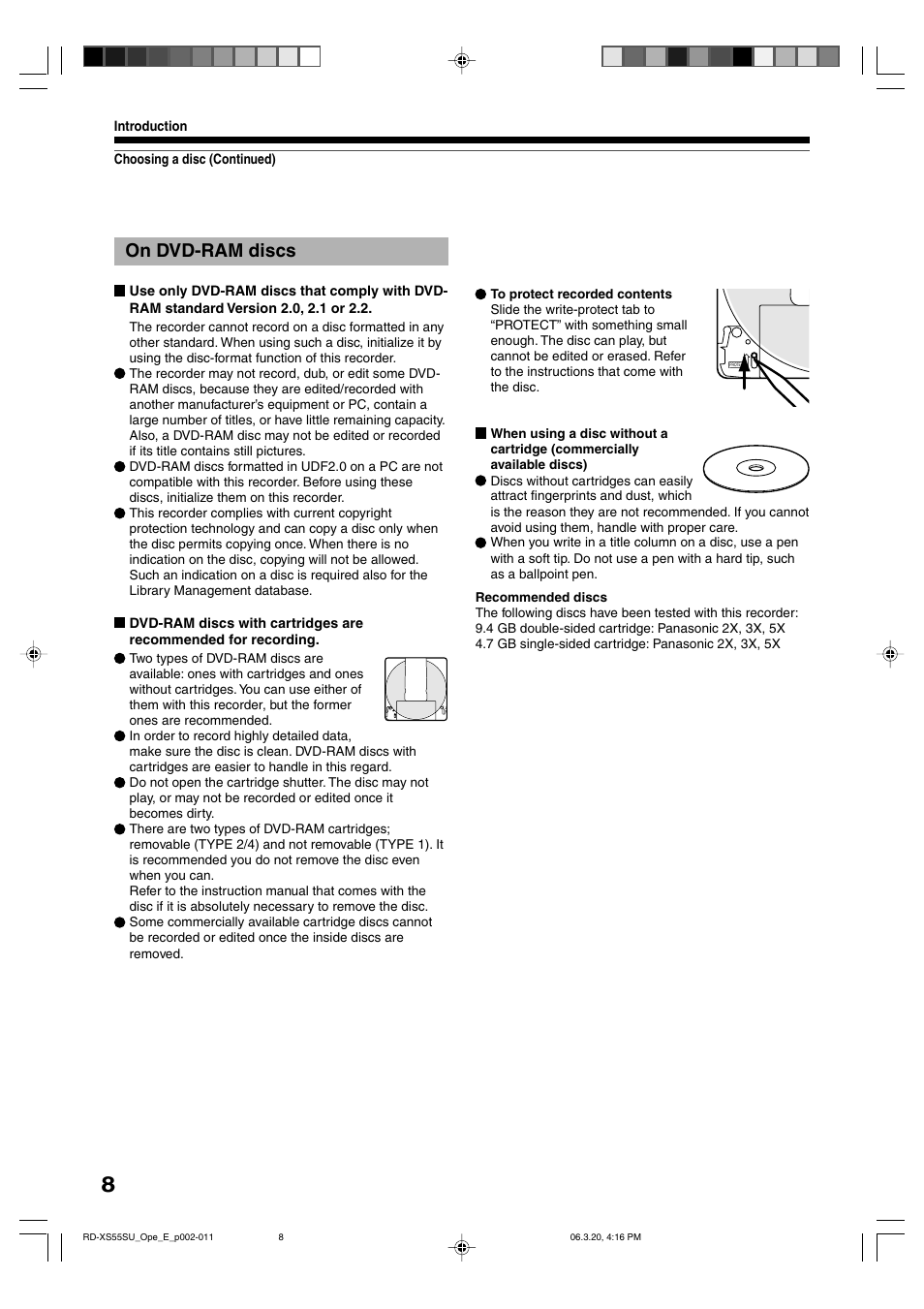 On dvd-ram discs | Toshiba RD-XS55KU User Manual | Page 8 / 199