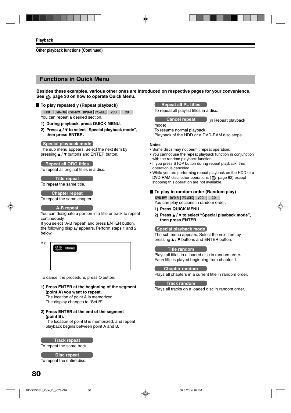 Functions in quick menu | Toshiba RD-XS55KU User Manual | Page 80 / 199