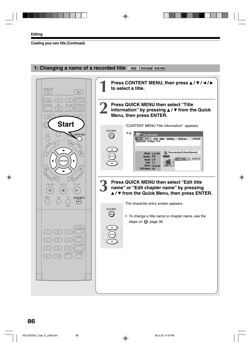 Start, Changing a name of a recorded title | Toshiba RD-XS55KU User Manual | Page 86 / 199