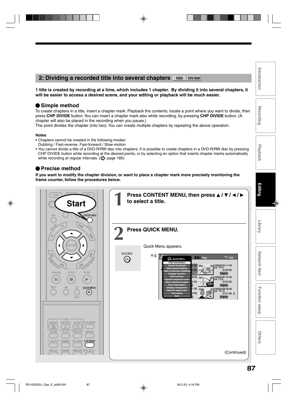 Start, Dividing a recorded title into several chapters, Press quick menu | Precise method, Simple method | Toshiba RD-XS55KU User Manual | Page 87 / 199