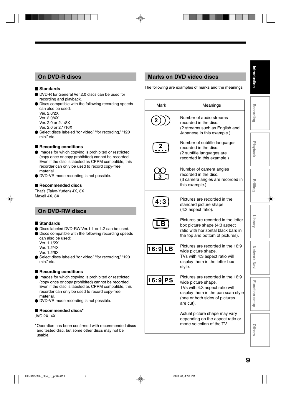 4 : 3 l b, Marks on dvd video discs, On dvd-r discs | On dvd-rw discs | Toshiba RD-XS55KU User Manual | Page 9 / 199