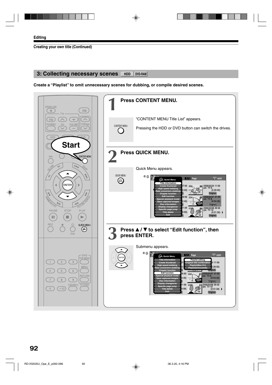 Start, Collecting necessary scenes, Press content menu | Press quick menu, Creating your own title (continued) editing | Toshiba RD-XS55KU User Manual | Page 92 / 199