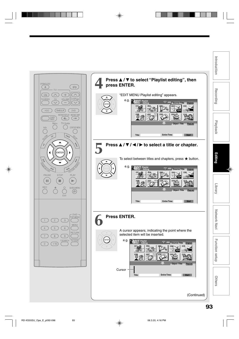 Press / / / to select a title or chapter, Press enter | Toshiba RD-XS55KU User Manual | Page 93 / 199