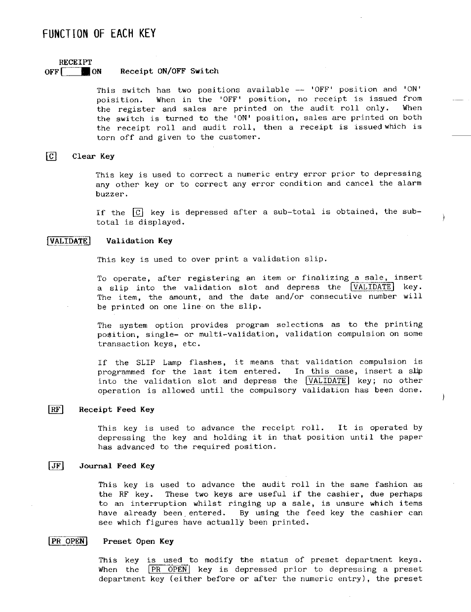 Function of each key, Receipt off i, Receipt on/off switch | Clear key, Irfi receipt feed key, J¥] journal feed key, Pr openi preset open key | Toshiba MA-141 User Manual | Page 10 / 64