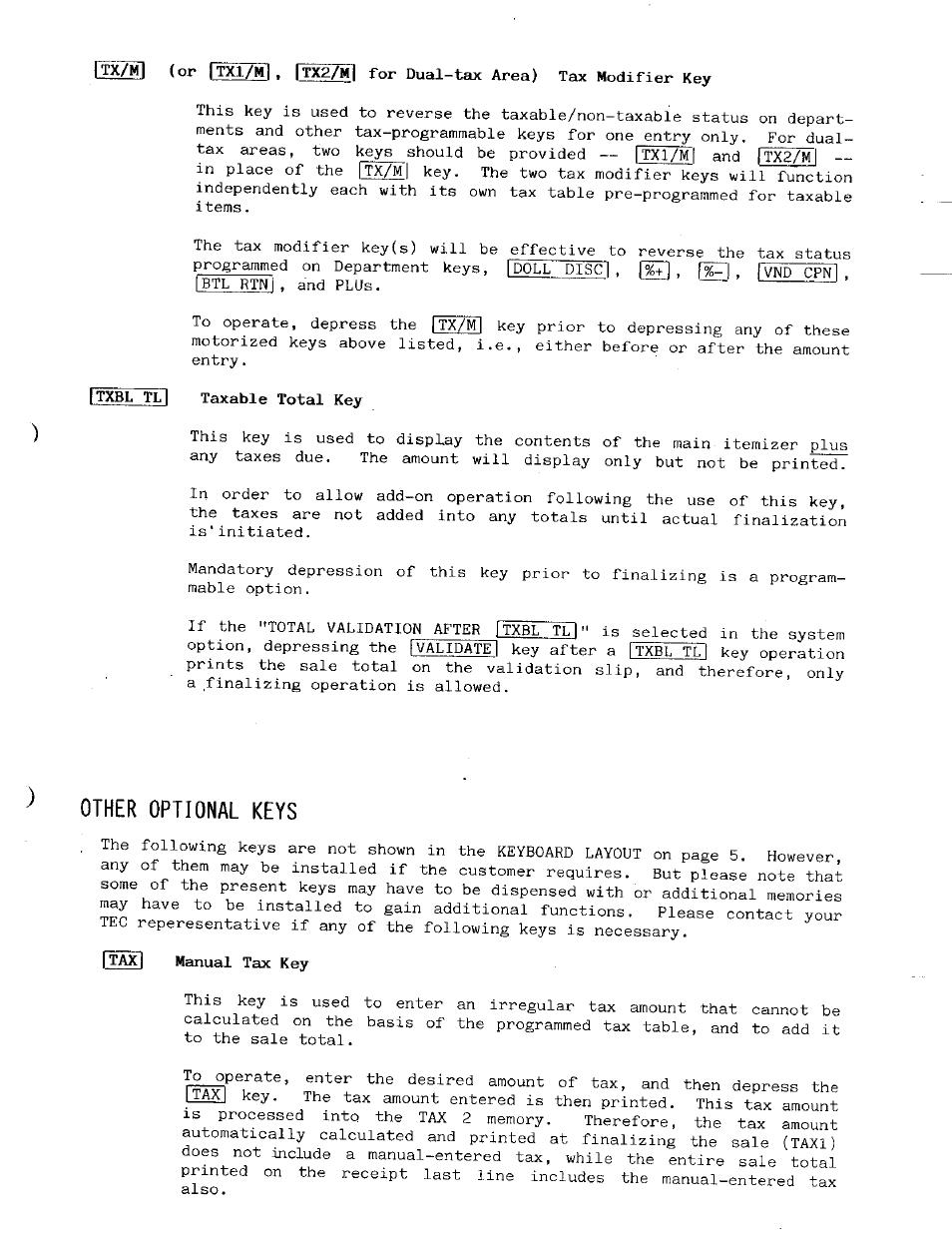 Itxbl tli taxable total key, Other optional keys, I t^l manual tax key | Toshiba MA-141 User Manual | Page 19 / 64