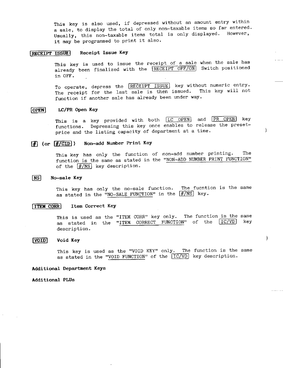 Lc/pr open key, Npl (or i#/cidi) non-add number print key, Nsi no-sale key | Additional department keys additional plus | Toshiba MA-141 User Manual | Page 20 / 64