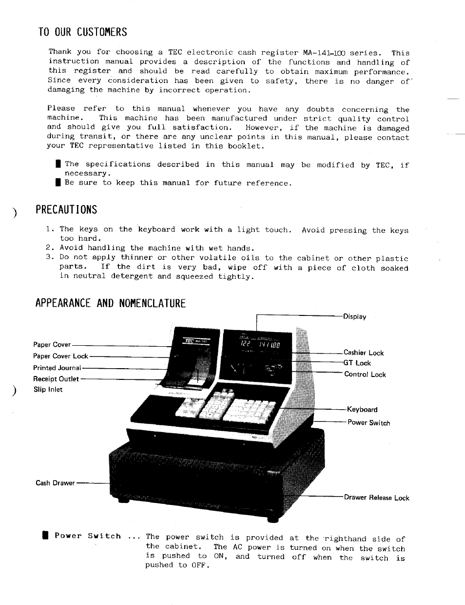 To our customers, Precautions, Appearance and nomenclature | Toshiba MA-141 User Manual | Page 5 / 64