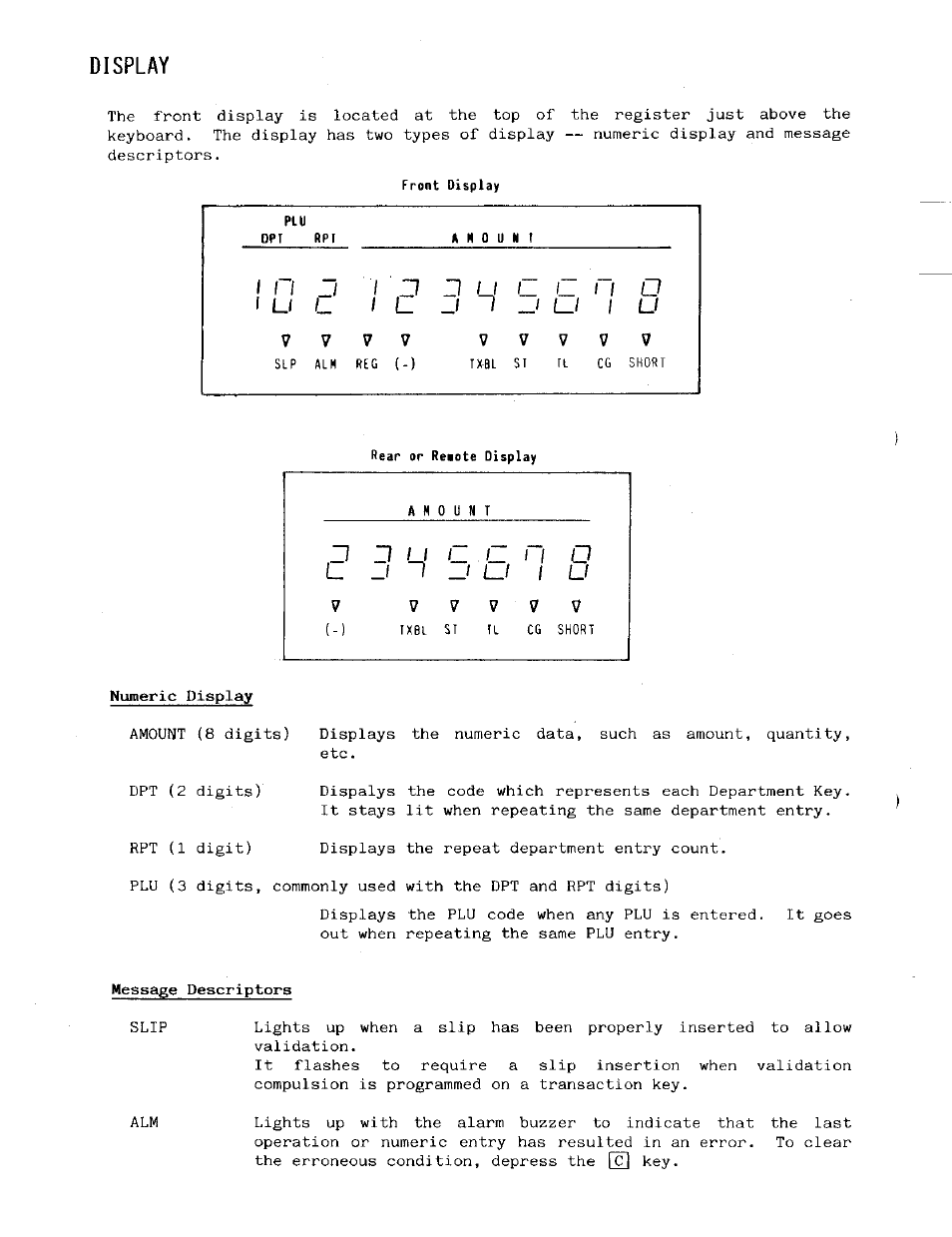 Display, Numeric display, Message descriptors | Toshiba MA-141 User Manual | Page 8 / 64