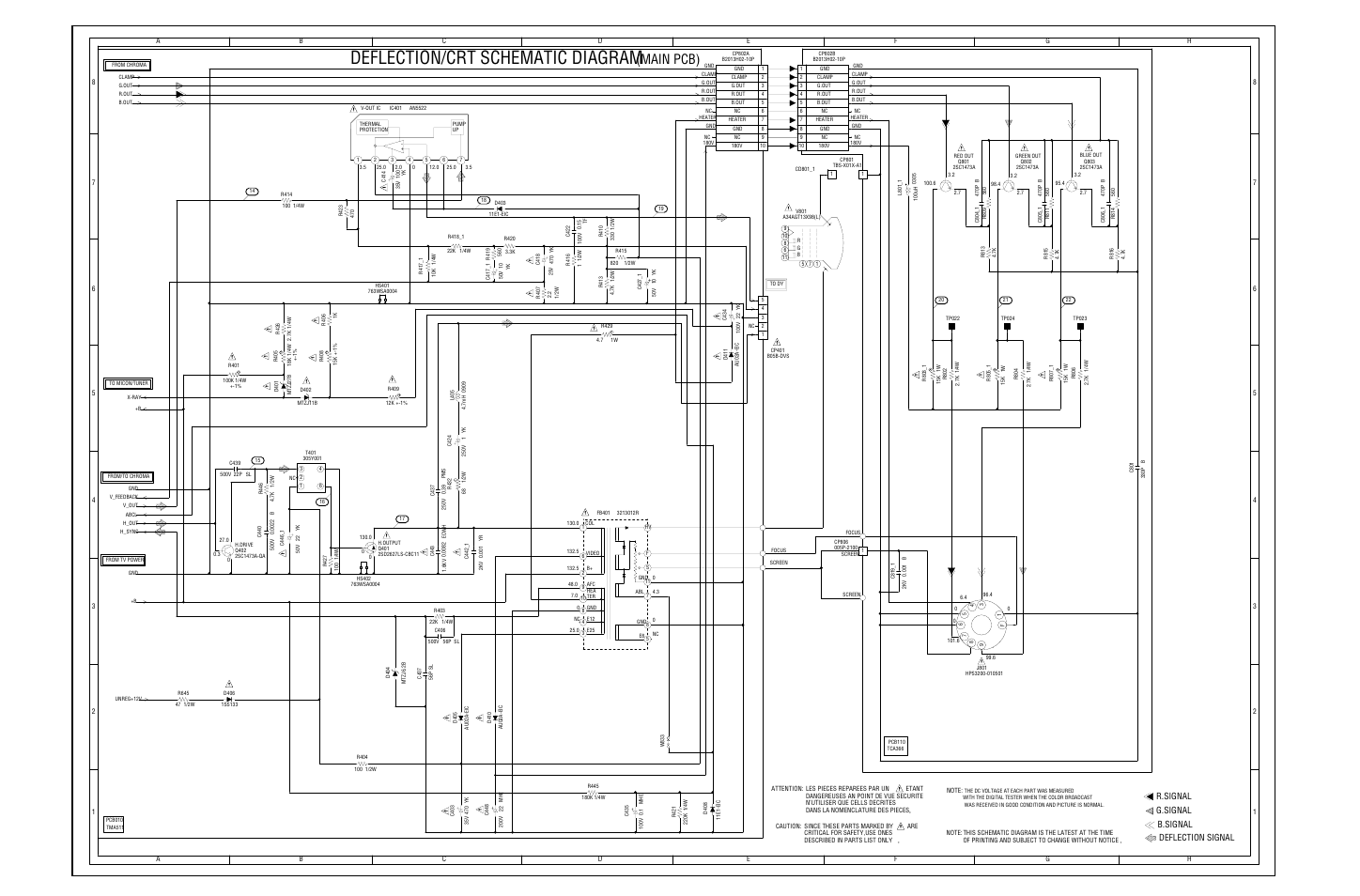 Deflection/crt schematic diagram, Main pcb) | Toshiba 13A21C User Manual | Page 21 / 30