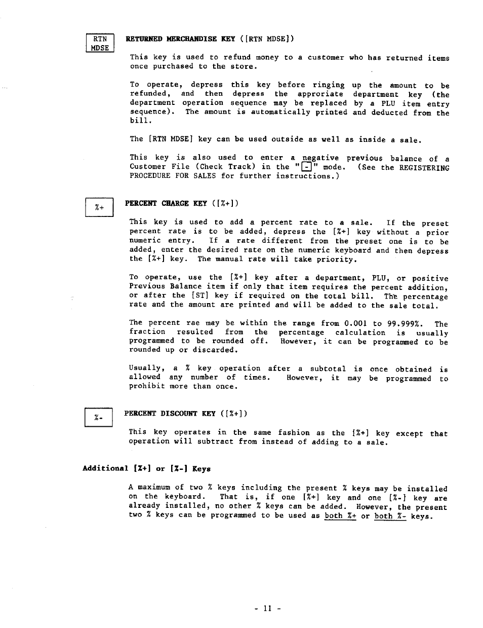 Percent charge key ([%+]), Percent discount key ([%+]), Addlitional [x+] or [z-] keys | Toshiba MA-1190 User Manual | Page 15 / 98