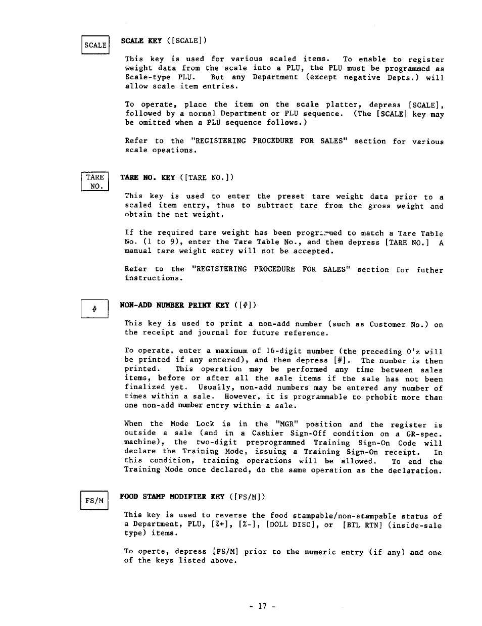 Non-add number print key ([#]), Food stamp modifier key ([fs/m]) | Toshiba MA-1190 User Manual | Page 21 / 98
