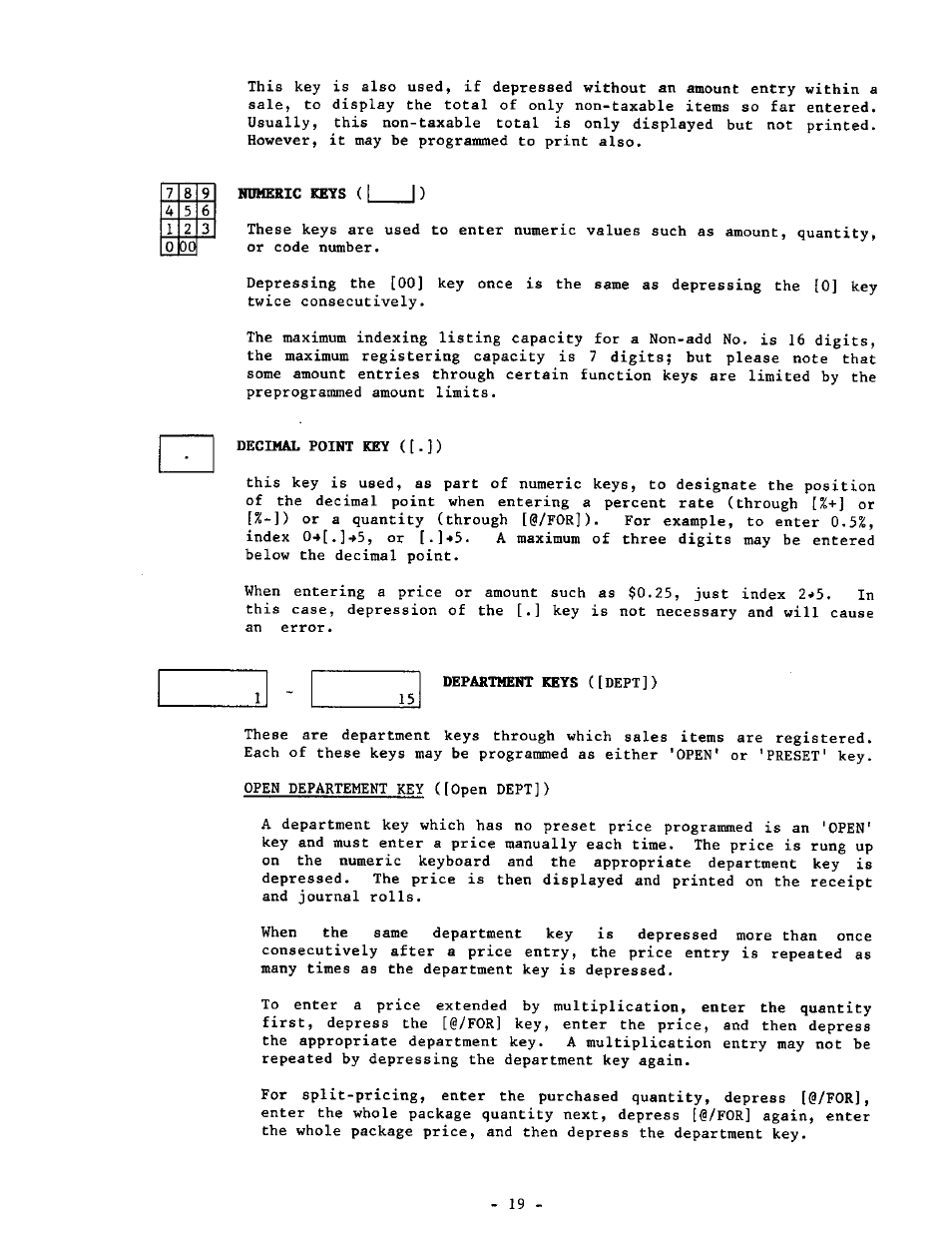Decimal point key ([.]), Department keys ([dept]) | Toshiba MA-1190 User Manual | Page 23 / 98