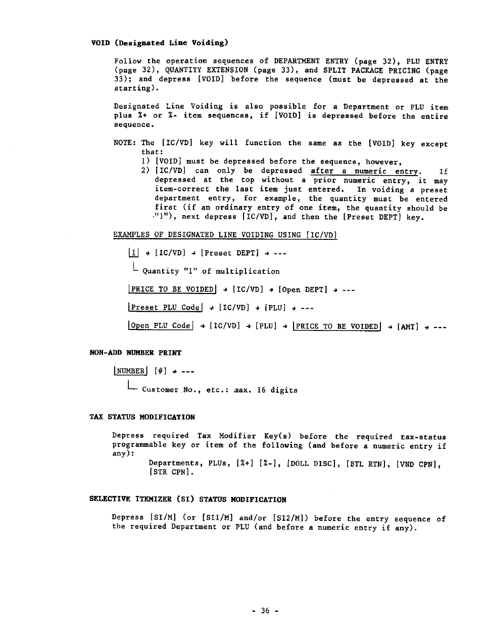 Void (designated line voiding), Non-add number print, Tax status modification | Selective itemizer (si) status modification | Toshiba MA-1190 User Manual | Page 40 / 98