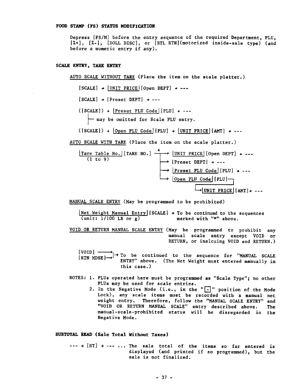 Food stamp (fs) status modification, Scale entry, tare entry, Subtotal read (sale total without taxes) | Toshiba MA-1190 User Manual | Page 41 / 98
