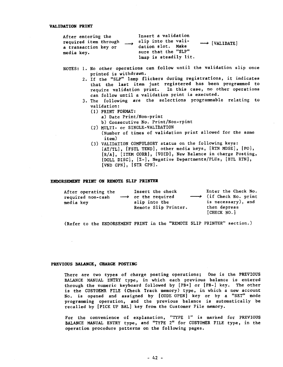 Validation print, Endorsement print on remote slip printer, Previous balance, charge posting | Toshiba MA-1190 User Manual | Page 46 / 98