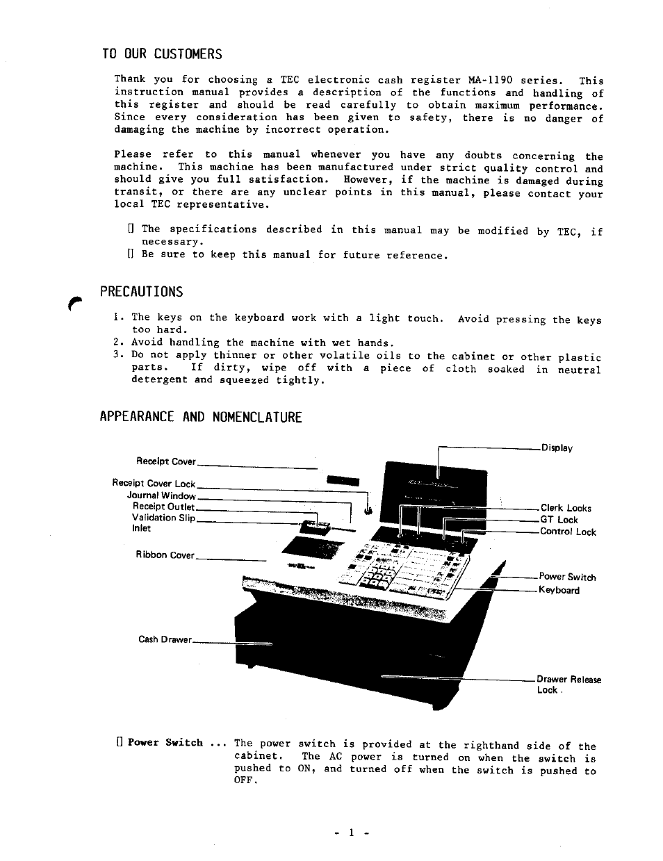 To our customers, Precautions, Appearance and nomenclature | Toshiba MA-1190 User Manual | Page 5 / 98