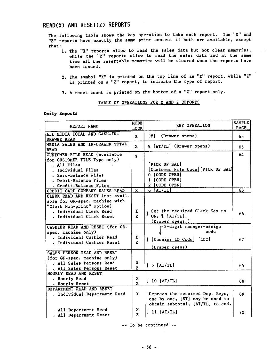 Read(x) and reset(z) reports, Daily reports | Toshiba MA-1190 User Manual | Page 62 / 98