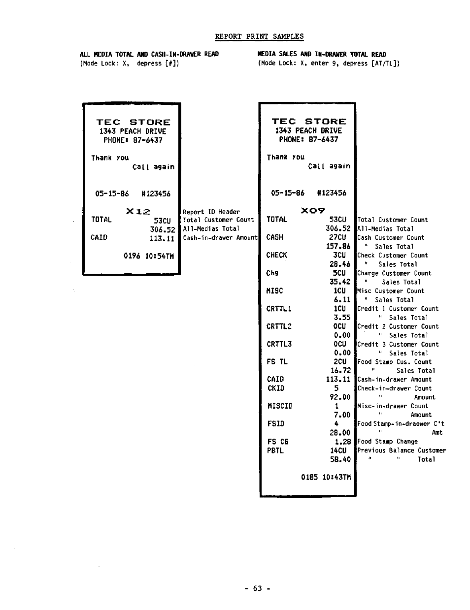 All media total and cash-in-drauer read, 0185 10:43tm | Toshiba MA-1190 User Manual | Page 67 / 98