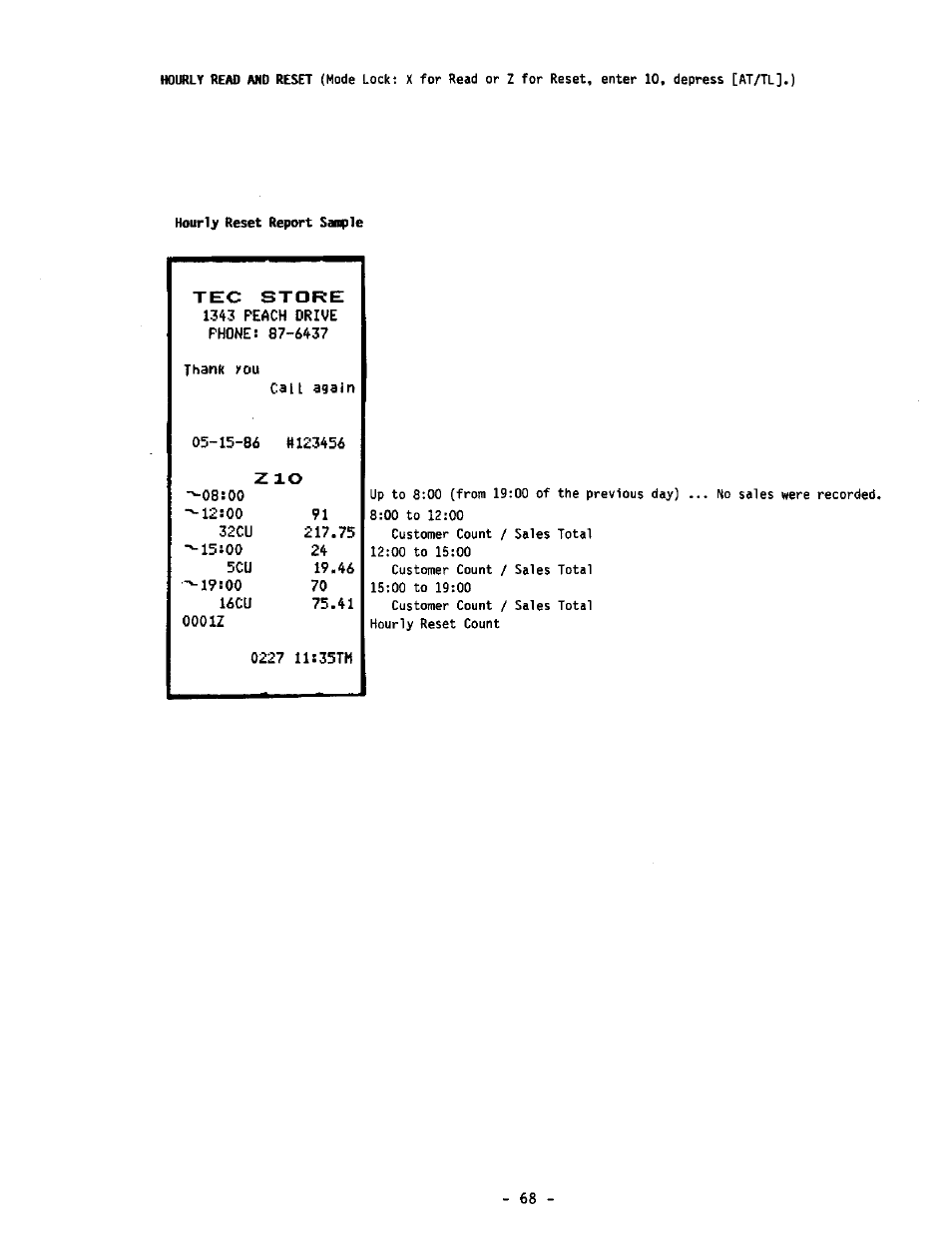 Hourly reset report sample, Tec store, 1343 peach drive phone! 87-6437 | Thank you, Call again, Z xo, Osioo, 19! 00 16cu 000iz, 0227 ll!35th | Toshiba MA-1190 User Manual | Page 72 / 98