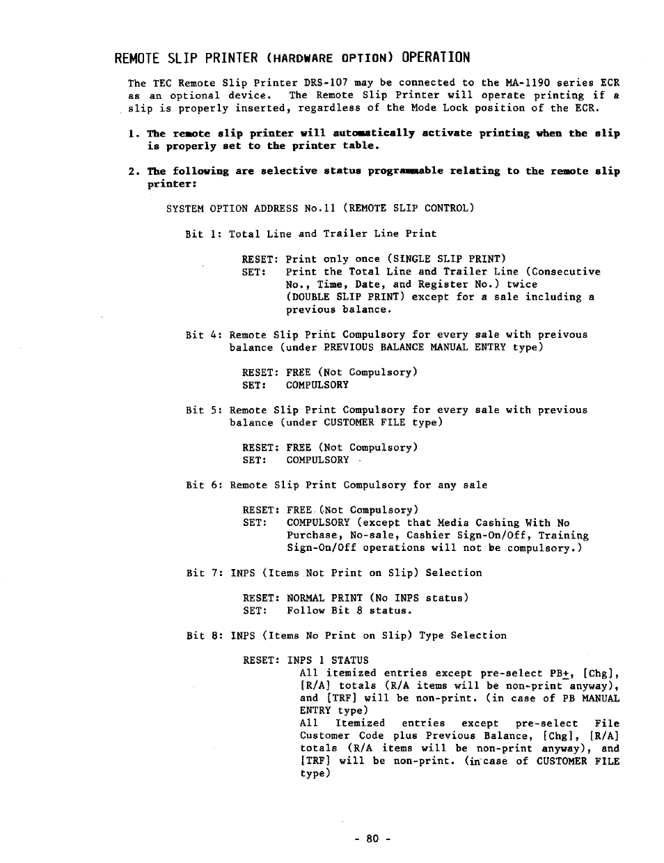 Remote slip printer (hardware option) operation, The following are selective status progri printer, Remote slip printer | Operation | Toshiba MA-1190 User Manual | Page 84 / 98