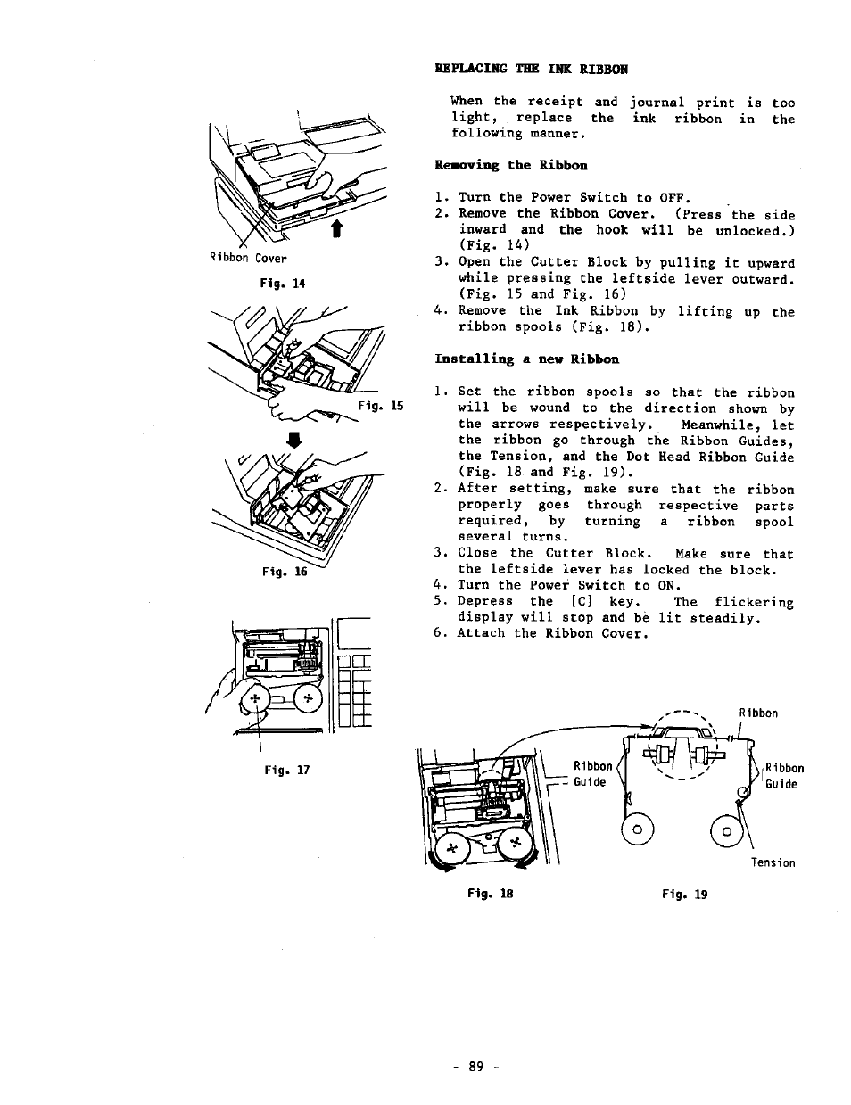 Reaoving the ribbon, Installing a new ribbon, Fig. 14 | Toshiba MA-1190 User Manual | Page 93 / 98