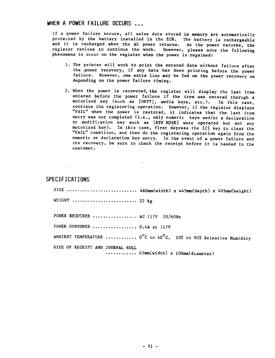 When a power failure occurs, Specifications | Toshiba MA-1190 User Manual | Page 95 / 98