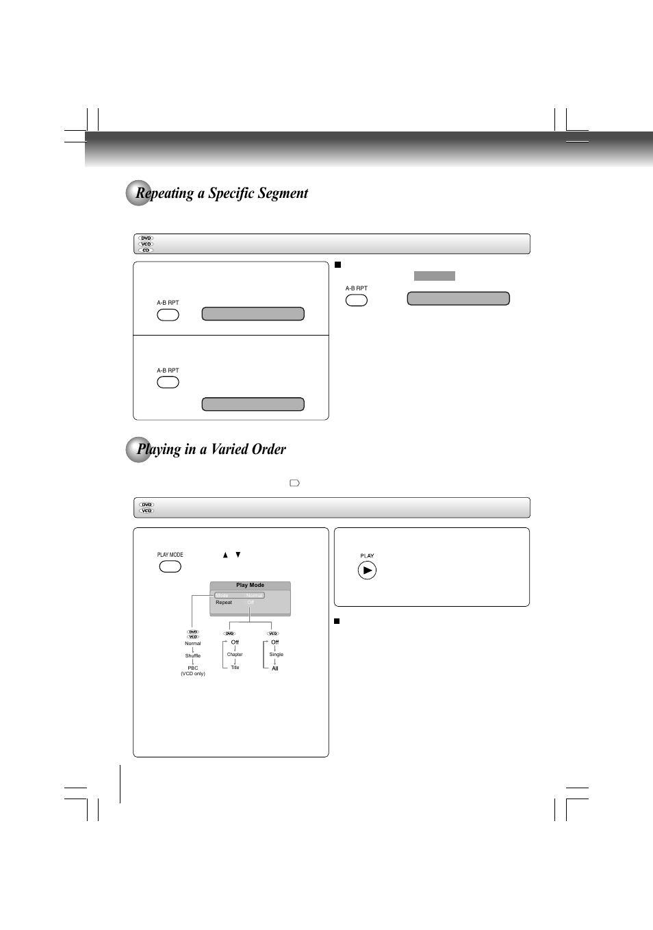 Repeating a specific segment, Playing in a varied order | Toshiba SD-480EKE User Manual | Page 22 / 40