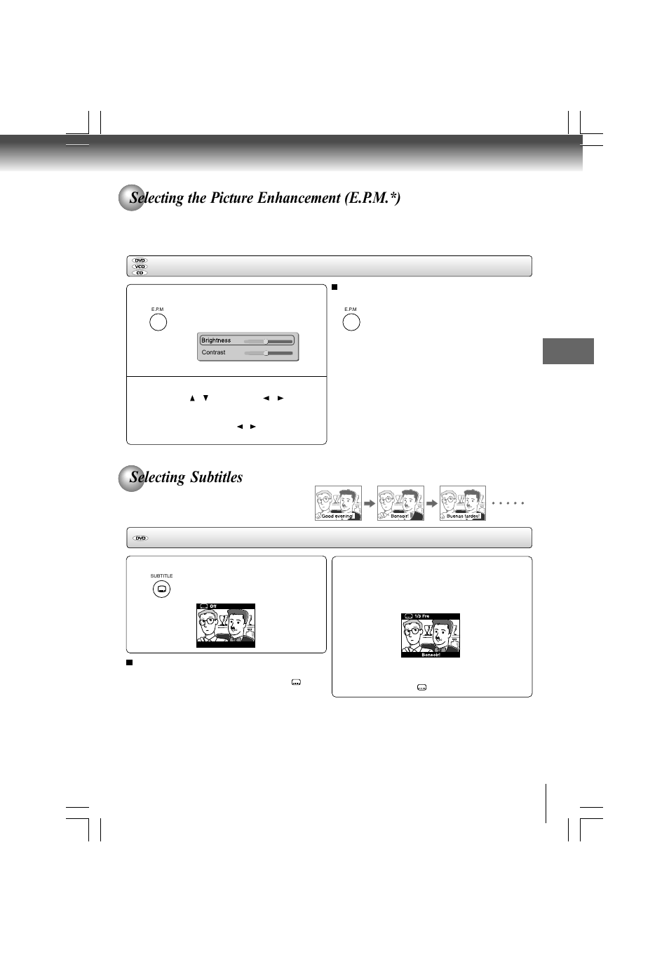 Selecting the picture enhancement (e.p.m.*), Selecting subtitles, Selecting the picture enhancement | Selecting a subtitle language | Toshiba SD-480EKE User Manual | Page 25 / 40