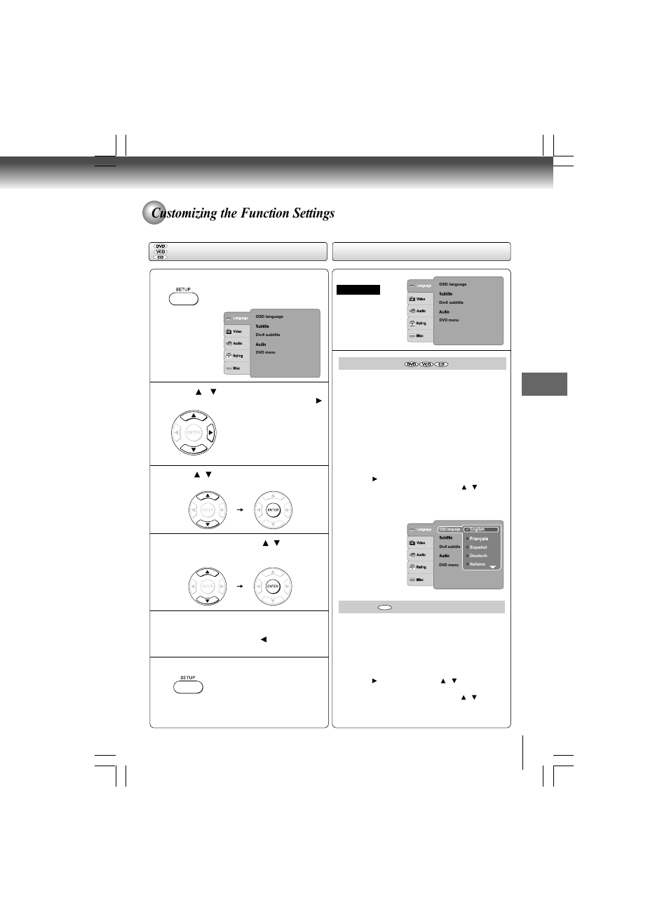 Customizing the function settings, Setting procedure, Setting details | Toshiba SD-480EKE User Manual | Page 31 / 40