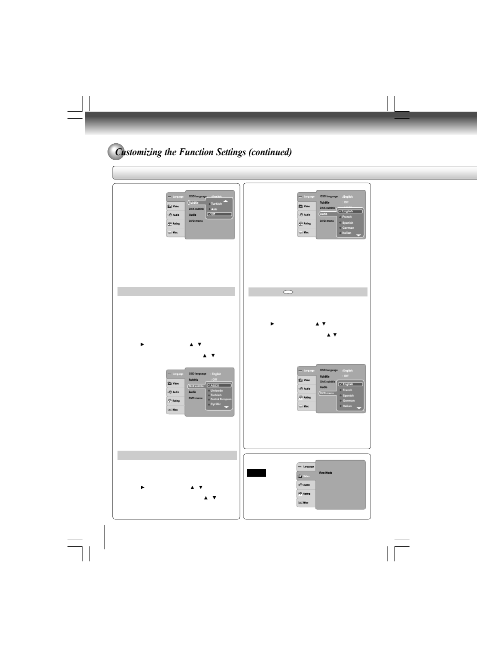 Customizing the function settings (continued), Setting details, Divx | Subtitle, Dvd menu, Audio | Toshiba SD-480EKE User Manual | Page 32 / 40