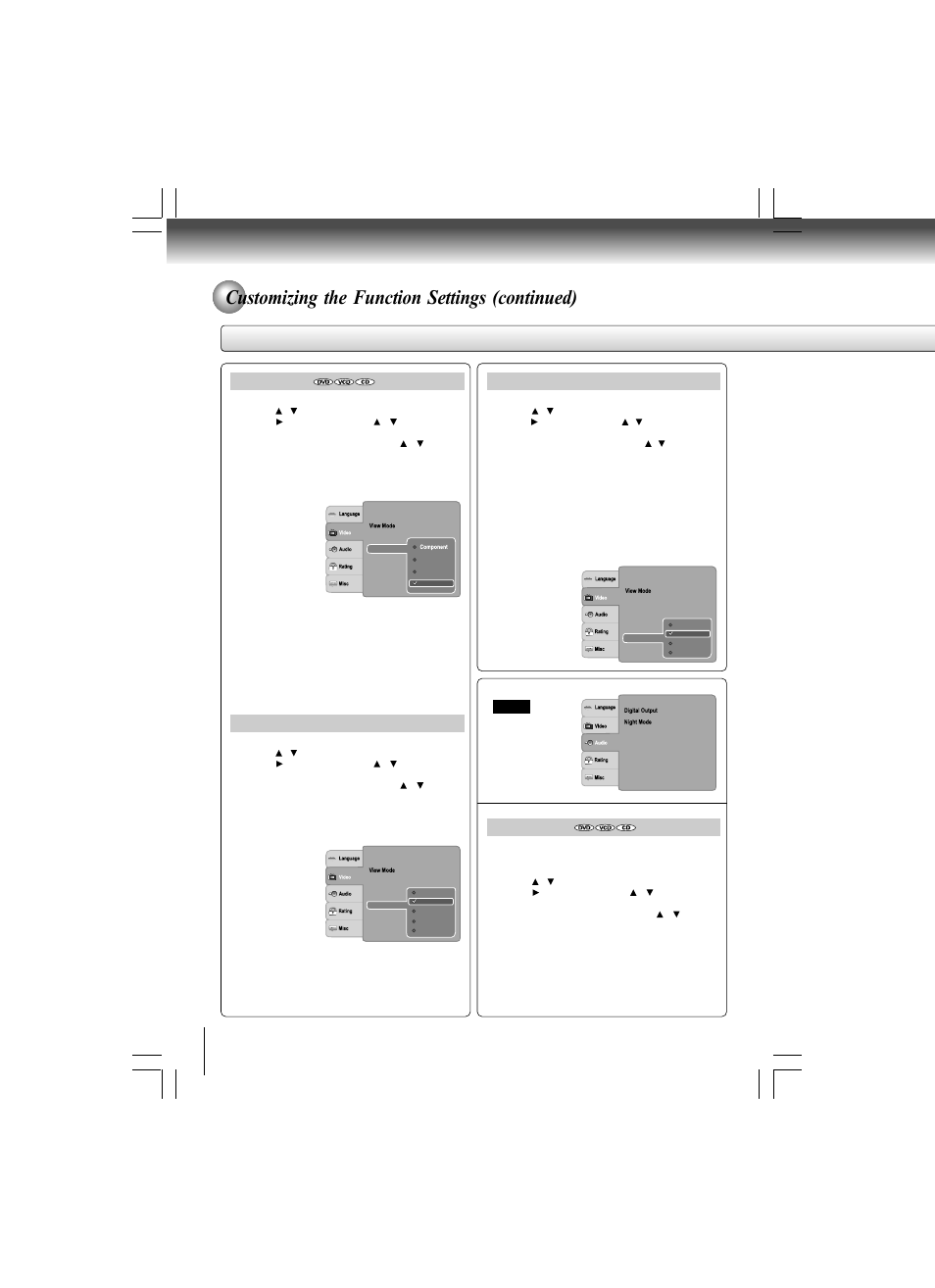 Customizing the function settings (continued), Setting details, Video output | Jpeg interval, Hdmi resolution, Digital output | Toshiba SD-480EKE User Manual | Page 34 / 40