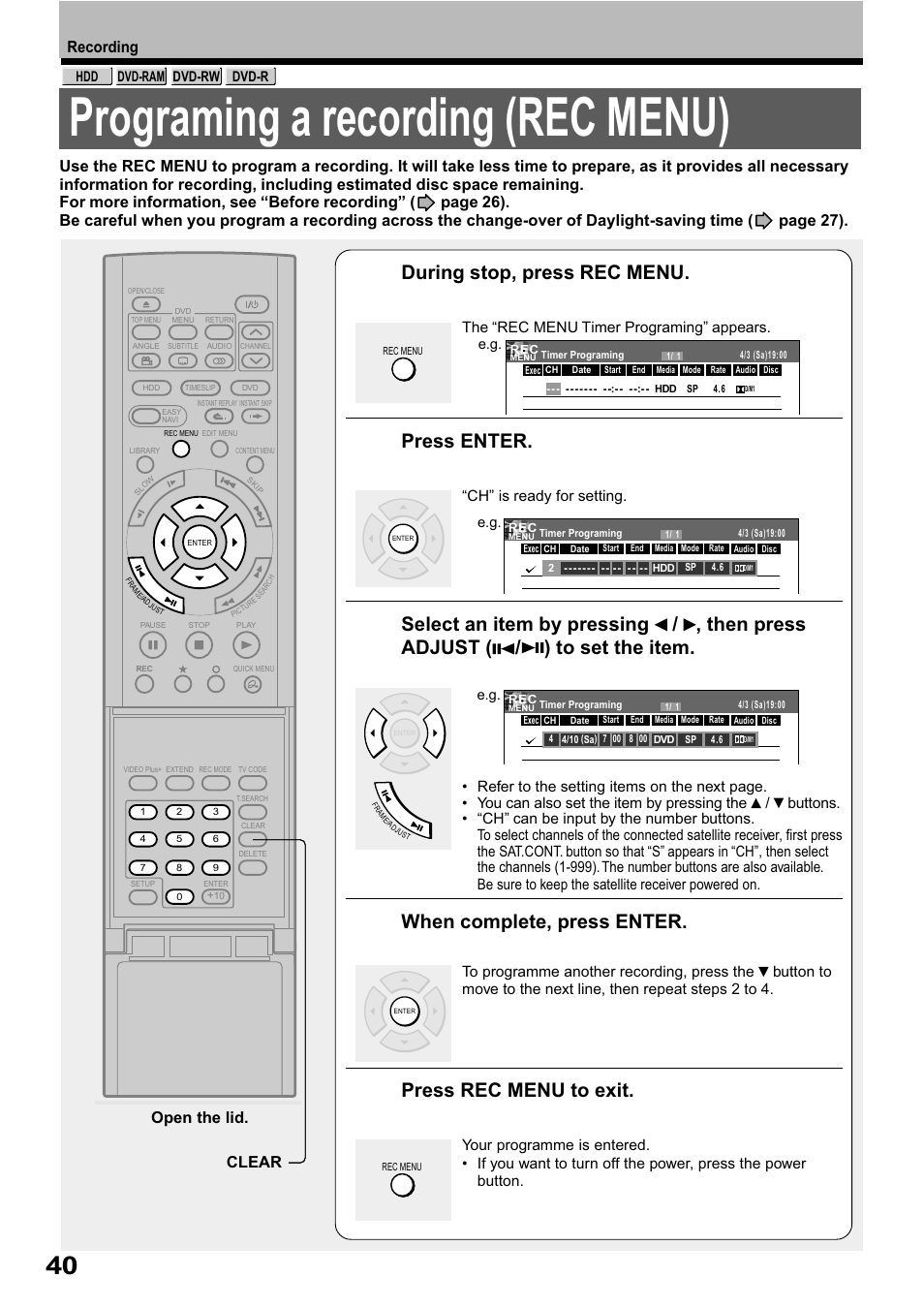 Programing a recording (rec menu), During stop, press rec menu, Press enter | When complete, press enter, Press rec menu to exit, Recording, Open the lid. clear | Toshiba RD-XS32SB User Manual | Page 104 / 239