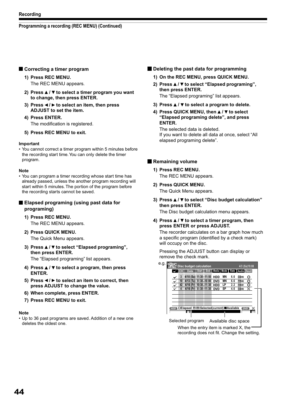 Remaining volume, Correcting a timer program | Toshiba RD-XS32SB User Manual | Page 108 / 239