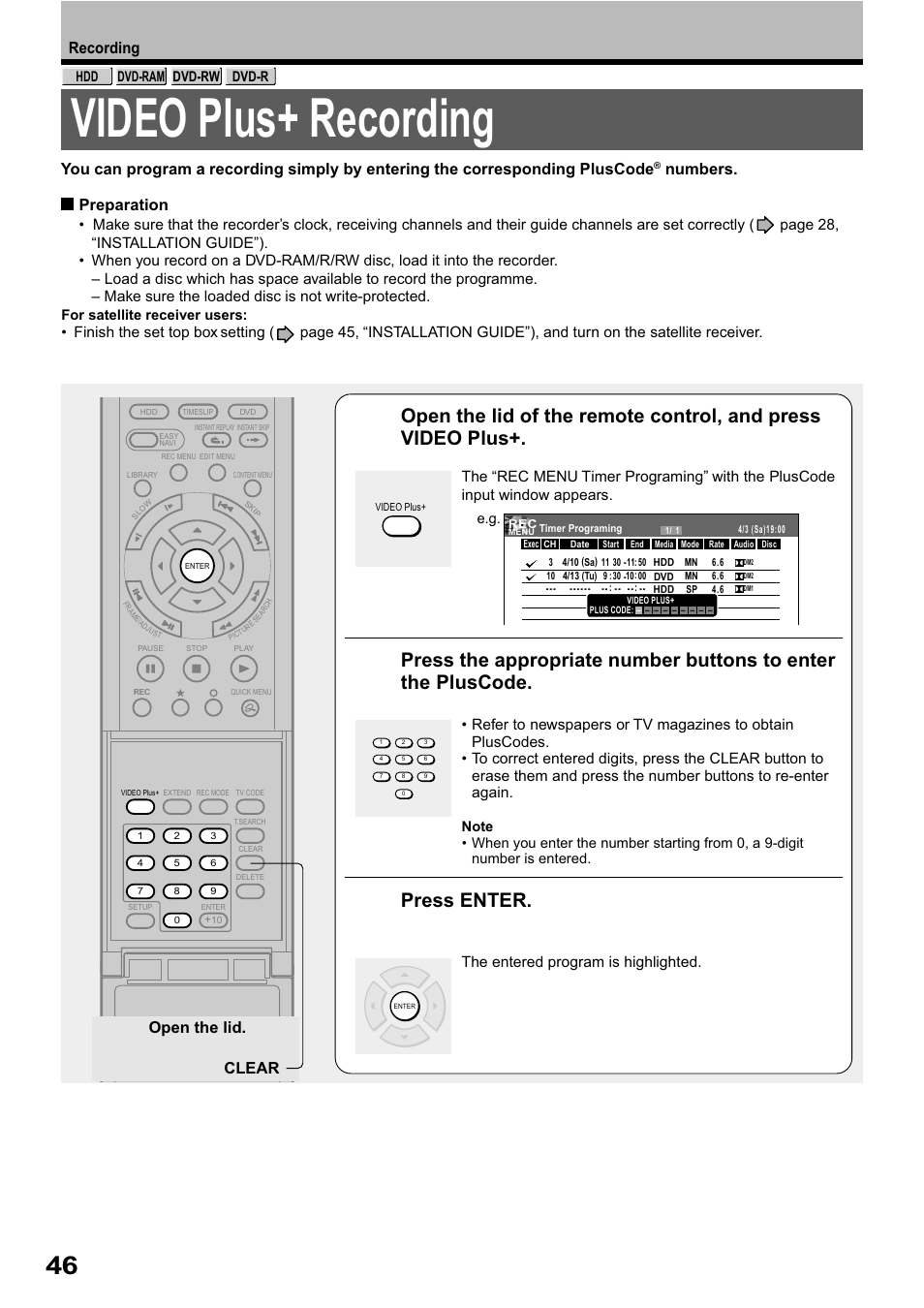 Video plus+ recording, Press enter, Recording | Numbers. preparation, Open the lid. clear | Toshiba RD-XS32SB User Manual | Page 110 / 239