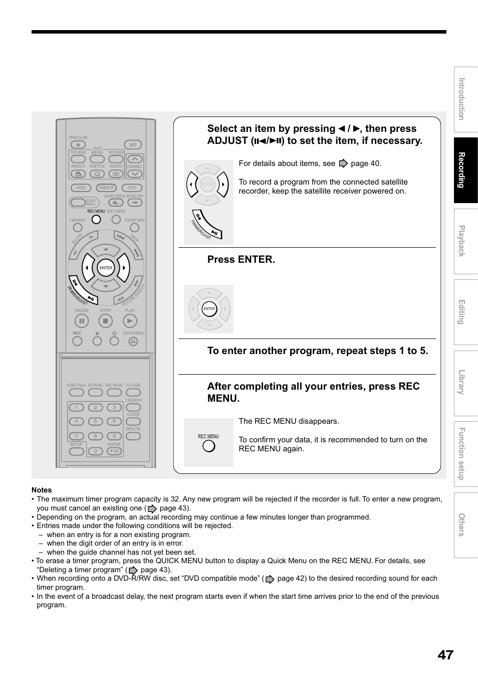 Press enter, After completing all your entries, press rec menu | Toshiba RD-XS32SB User Manual | Page 111 / 239