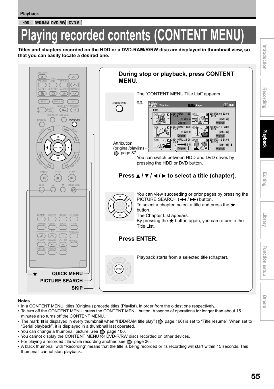 Playing recorded contents (content menu), During stop or playback, press content menu, Press / / / to select a title (chapter) | Press enter, Playback, Quick menu picture search skip | Toshiba RD-XS32SB User Manual | Page 119 / 239