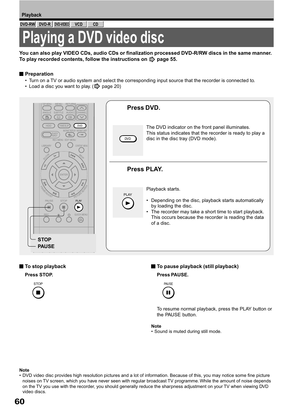 Playing a dvd video disc, Press dvd, Press play | Toshiba RD-XS32SB User Manual | Page 124 / 239