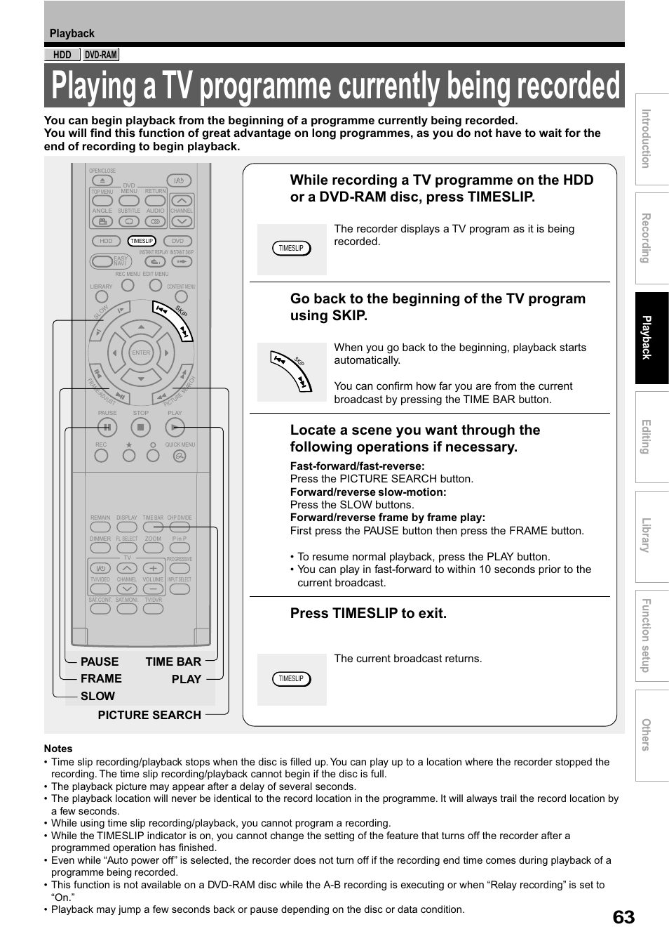 Playing a tv programme currently being recorded, Press timeslip to exit | Toshiba RD-XS32SB User Manual | Page 127 / 239