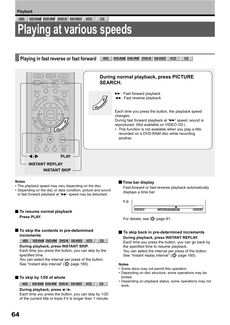 Playing at various speeds, Playing in fast reverse or fast forward, During normal playback, press picture search | Toshiba RD-XS32SB User Manual | Page 128 / 239