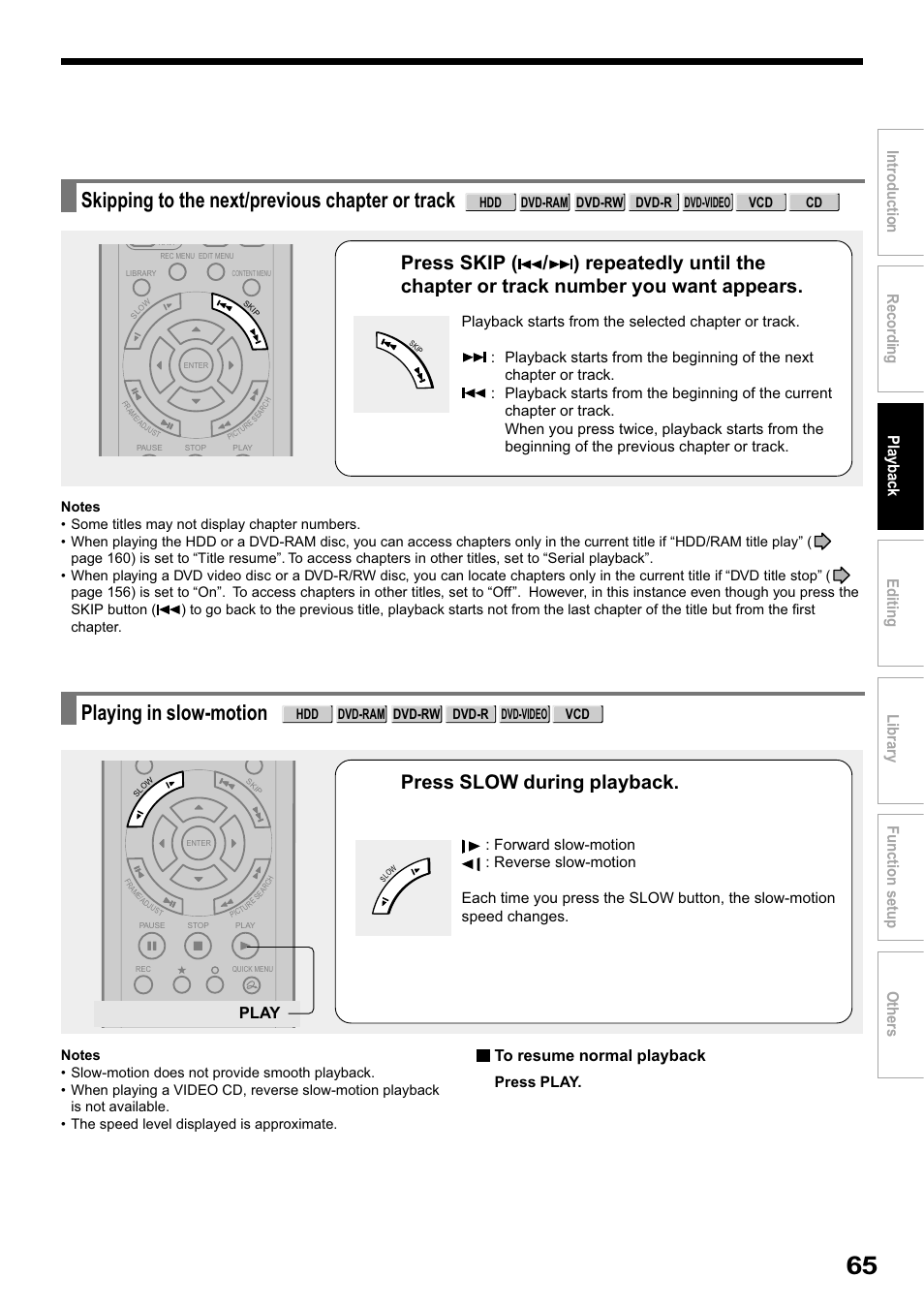 Skipping to the next/previous chapter or track, Playing in slow-motion, Press slow during playback | Toshiba RD-XS32SB User Manual | Page 129 / 239