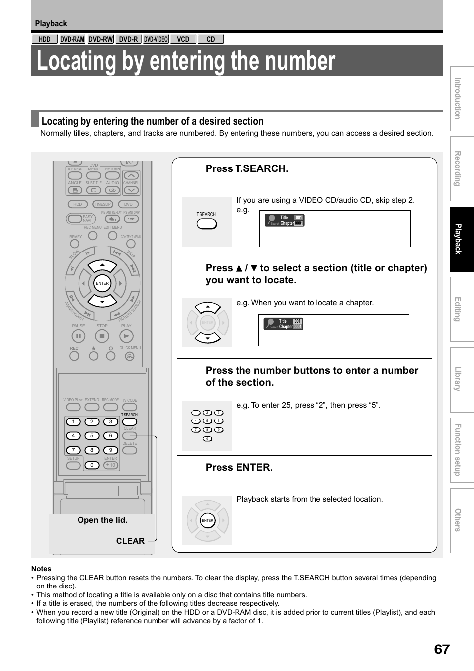 Locating by entering the number, Press t.search, Press enter | Toshiba RD-XS32SB User Manual | Page 131 / 239