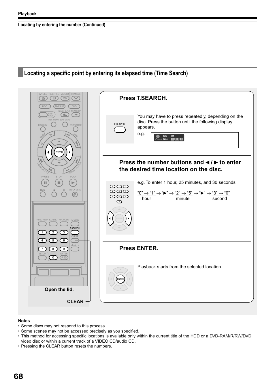 Press t.search, Press enter, Open the lid. clear | Toshiba RD-XS32SB User Manual | Page 132 / 239