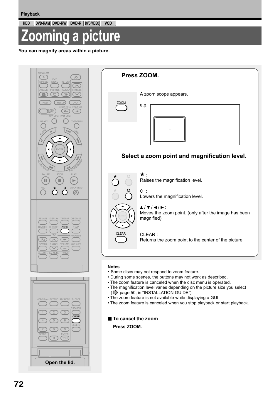 Zooming a picture, Press zoom, Select a zoom point and magnification level | Playback, You can magnify areas within a picture, Open the lid | Toshiba RD-XS32SB User Manual | Page 136 / 239